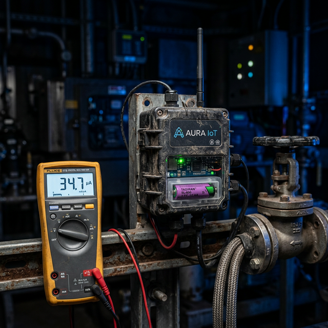 IoT sensor with multimeter showing 34.7 µA