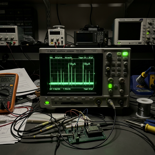 Oscilloscope showing 18µA sleep current spikes