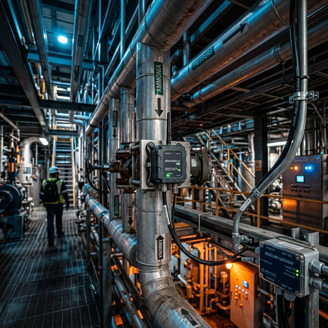 Industrial plant with leak detection sensors on pipelines