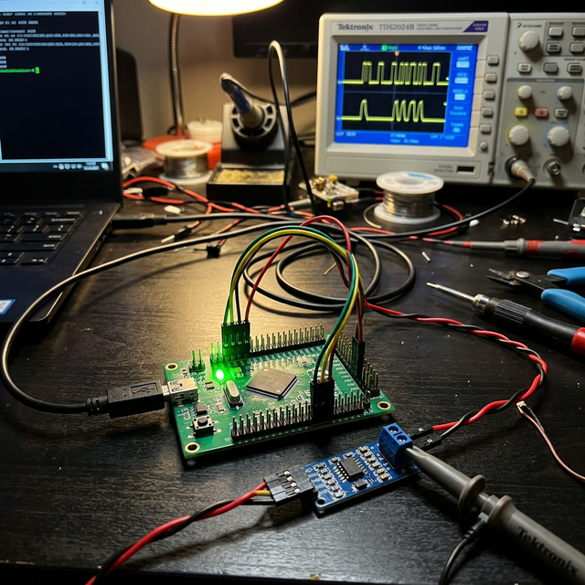 STM32 board with RS485 module and oscilloscope