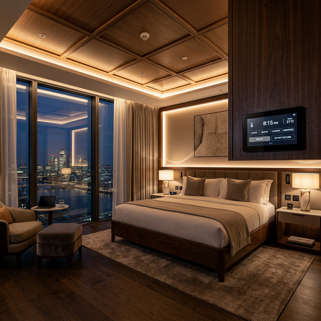 Luxury smart hotel room with automated lighting and RCU touchscreen