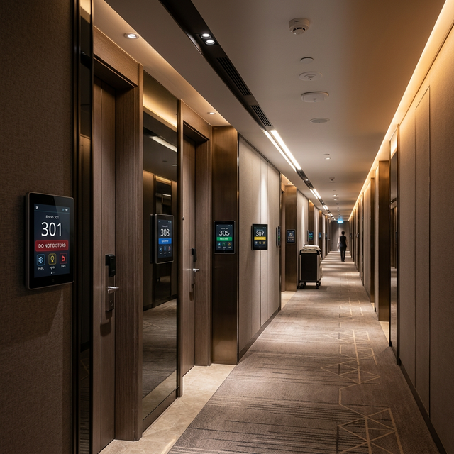 Hotel corridor with room control units on every door