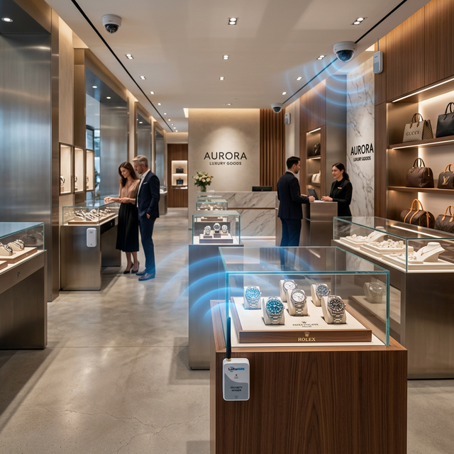 Luxury retail showroom with LoRaWAN security sensors and RF signal overlay