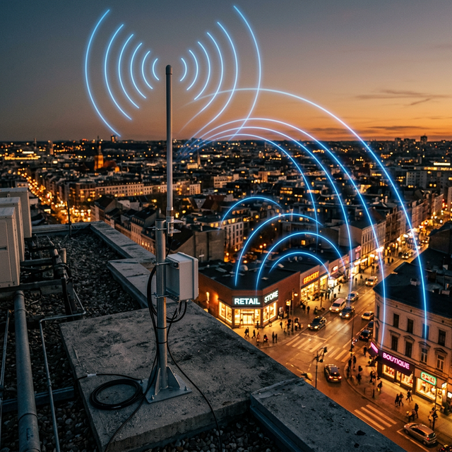 LoRaWAN gateway antenna on rooftop with city signal arcs