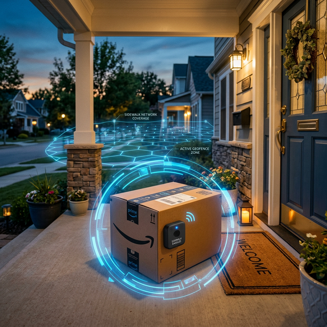 Package on doorstep with IoT Sidewalk geofence halo