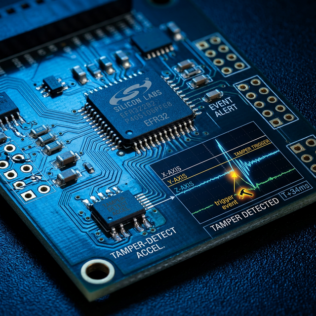 EFR32 PCB with accelerometer tamper detection waveform